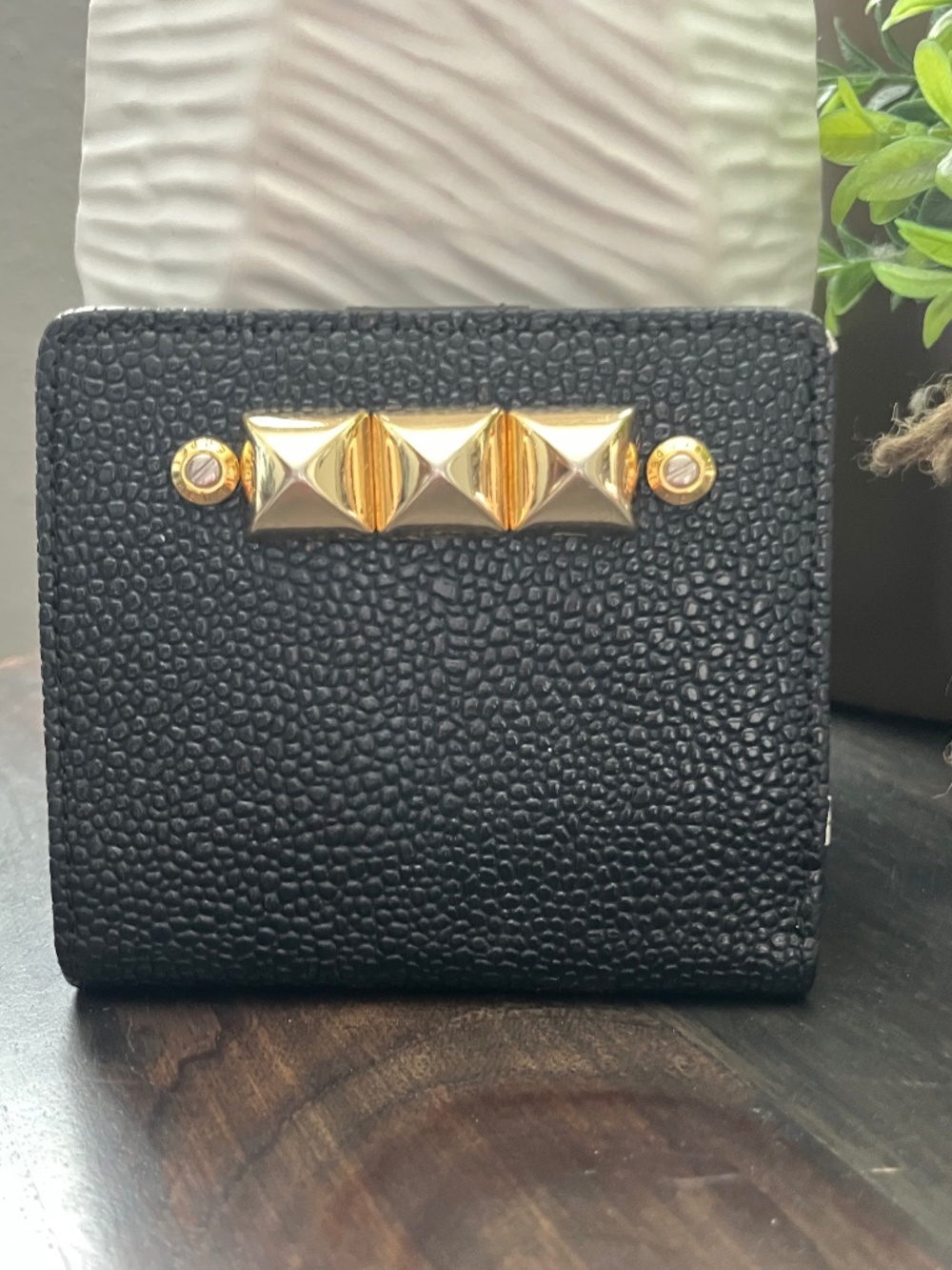 HENRI BENDEL Vintage Black Pebbled Leather Studded Mini Wallet